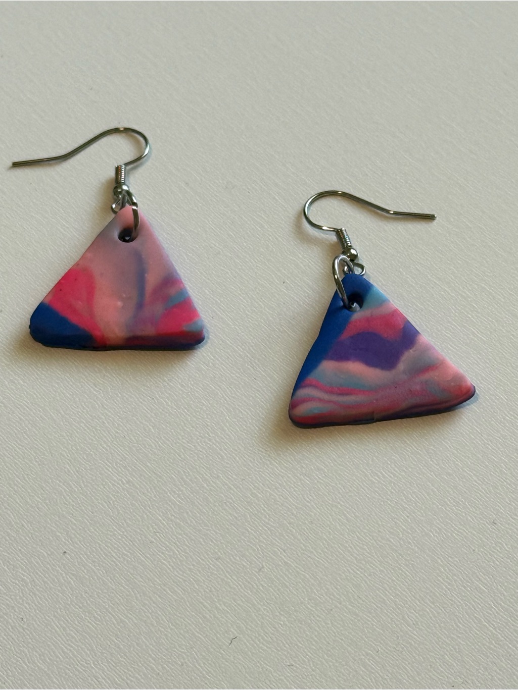 Handcrafted Pink & Blue Marbled Triangle Drop Earrings